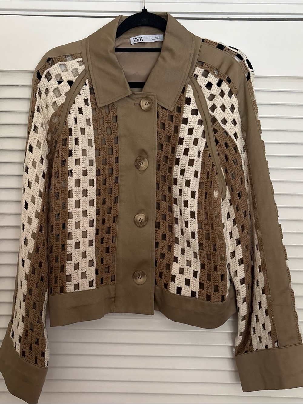 NWOT ZARA Contrast Crochet Patchwork Jacket Taupe Cream (Size US M-L)